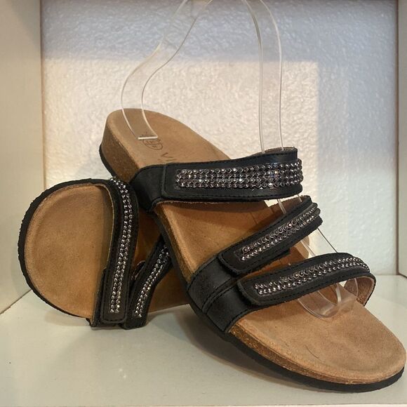 Vionic Afton Black Leather Rhinestones Adjustable Straps ComfortSlip On Sandals - Picture 5 of 11